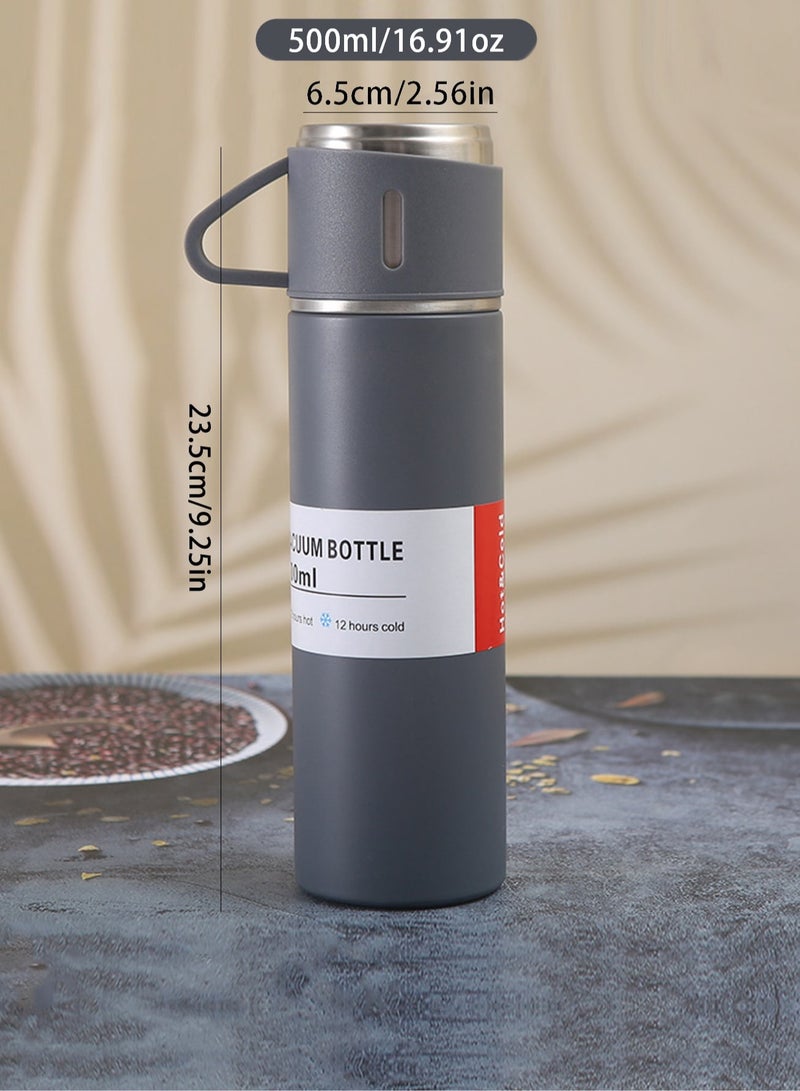 Nessan Stainless Steel Gift Set Vacuum Thermal Mug Flask Bottle with 2 Extra Cup Set Leak-proof Mug Insulated Travel Business Trip Water Bottle Thermos Hot & Cold Up to 12 Hours 500ml - Grey - Image 2