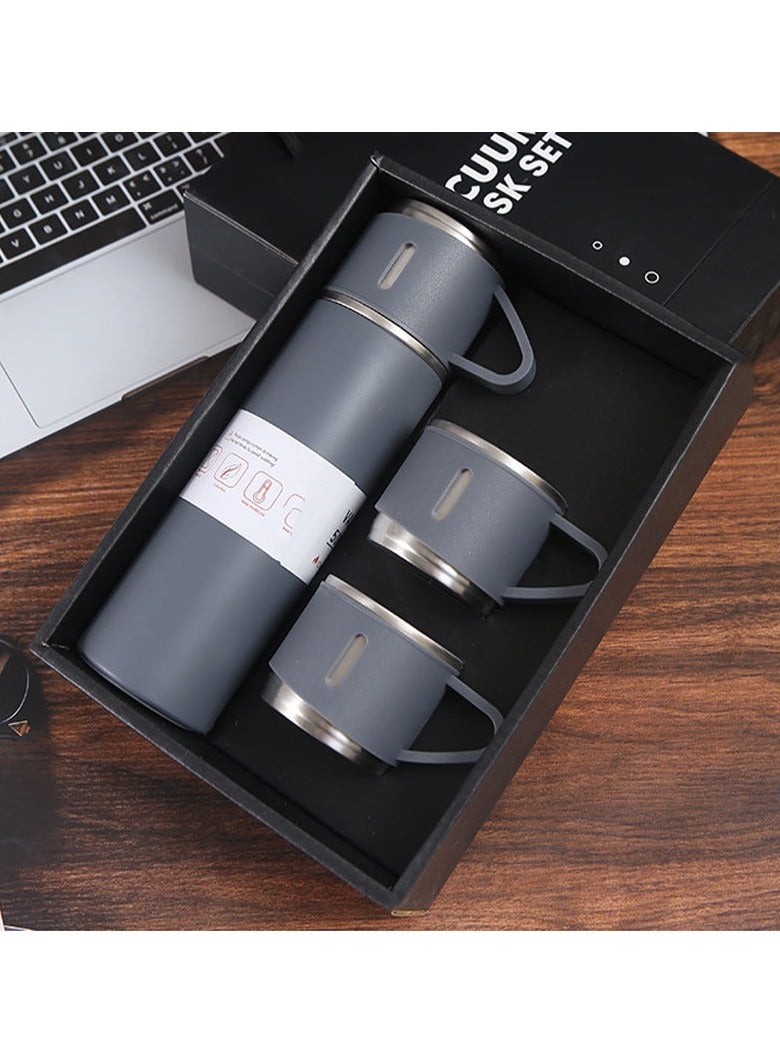 Nessan Stainless Steel Gift Set Vacuum Thermal Mug Flask Bottle with 2 Extra Cup Set Leak-proof Mug Insulated Travel Business Trip Water Bottle Thermos Hot & Cold Up to 12 Hours 500ml - Grey - Image 1