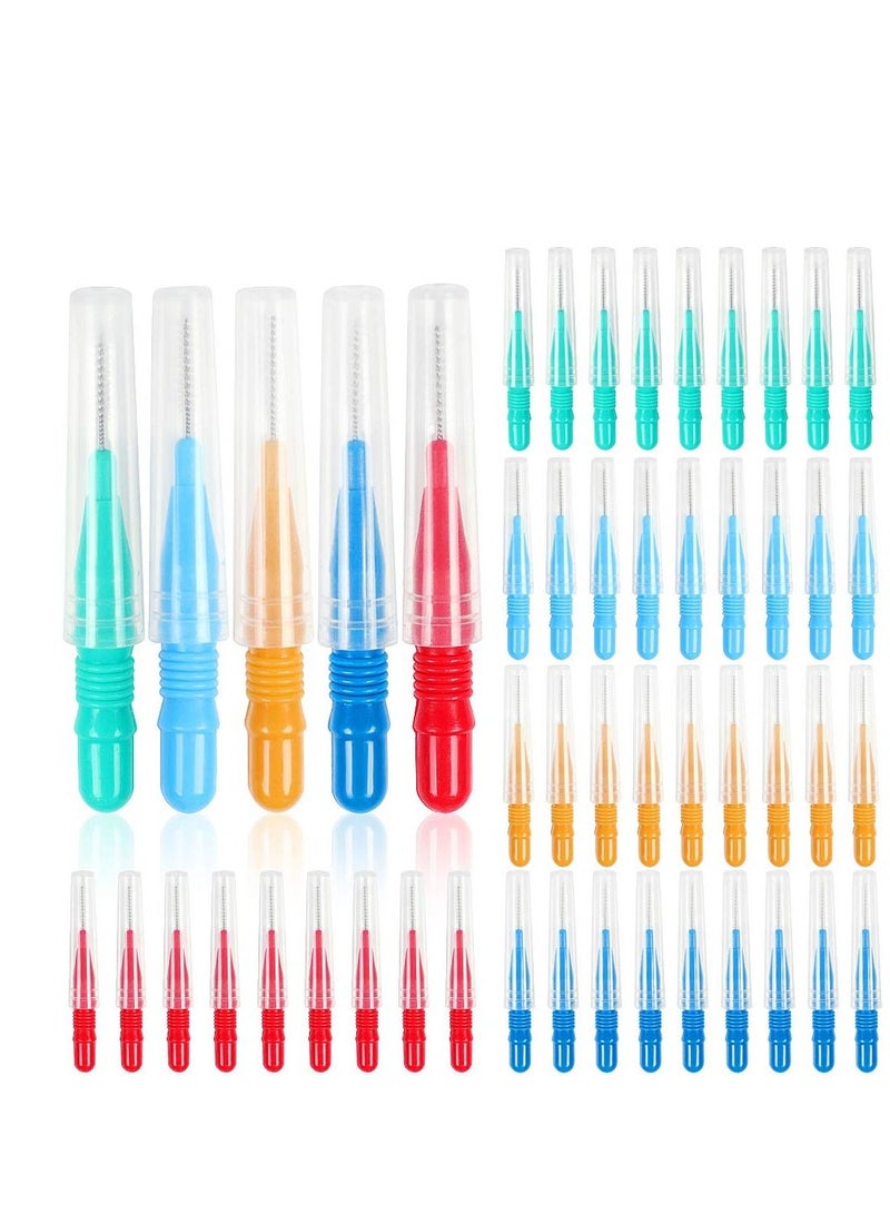 KASTWAVE Tooth Gap Brush, 50 Pieces of Toothpick Floss Head Oral Hygiene Brush Colored Tooth Gap Brush 0.7-1.2mm Braces Cleaning Brush Clean White (Green, Blue, Orange, Red, Light Blue)  - Image 1