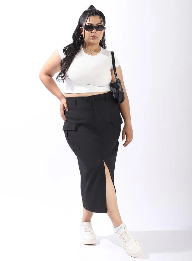 هاي ستار تنورة نسائية سوداء مقاس كبير من البوليستر بنمط سادة - مفصلة