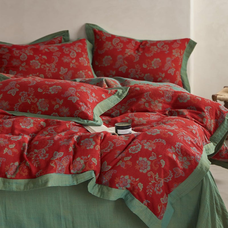 Mixinni Exquisite Vintage Red Floral Duvet Cover King Size Yarn-Dyed Jacquard Textured Design Duvet Cover Set With Green Edge Design Premium Muslin Cotton-Linen Bedding Set For All Season-King Size - Image 1