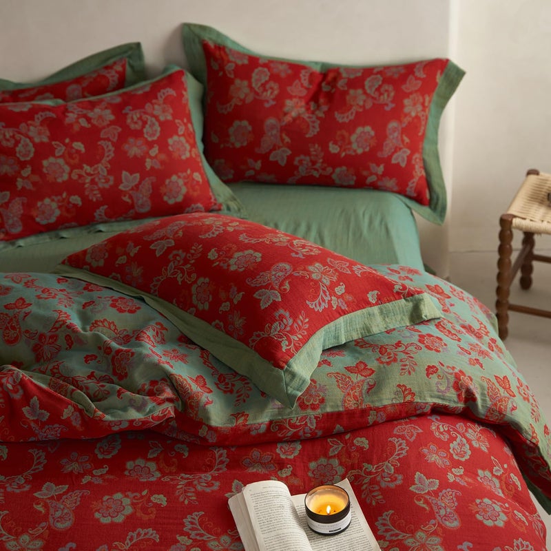 Mixinni Exquisite Vintage Red Floral Duvet Cover King Size Yarn-Dyed Jacquard Textured Design Duvet Cover Set With Green Edge Design Premium Muslin Cotton-Linen Bedding Set For All Season-King Size - Image 3