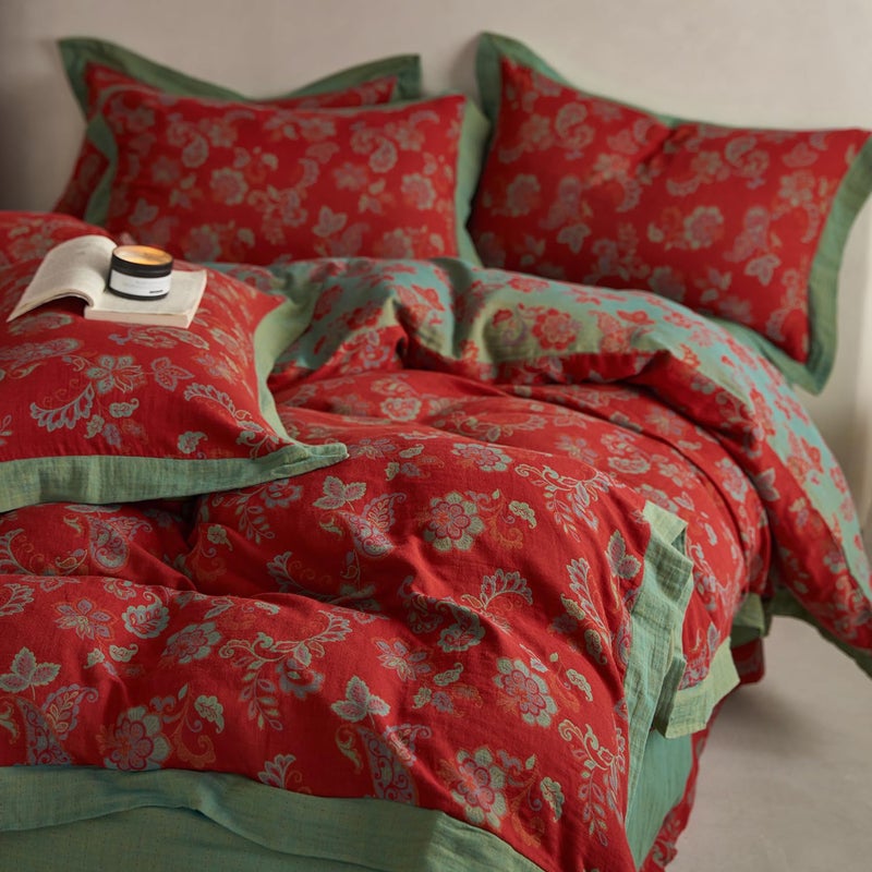 Mixinni Exquisite Vintage Red Floral Duvet Cover King Size Yarn-Dyed Jacquard Textured Design Duvet Cover Set With Green Edge Design Premium Muslin Cotton-Linen Bedding Set For All Season-King Size - Image 5