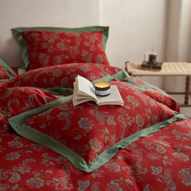 Mixinni Exquisite Vintage Red Floral Duvet Cover King Size Yarn-Dyed Jacquard Textured Design Duvet Cover Set With Green Edge Design Premium Muslin Cotton-Linen Bedding Set For All Season-King Size - Image 4