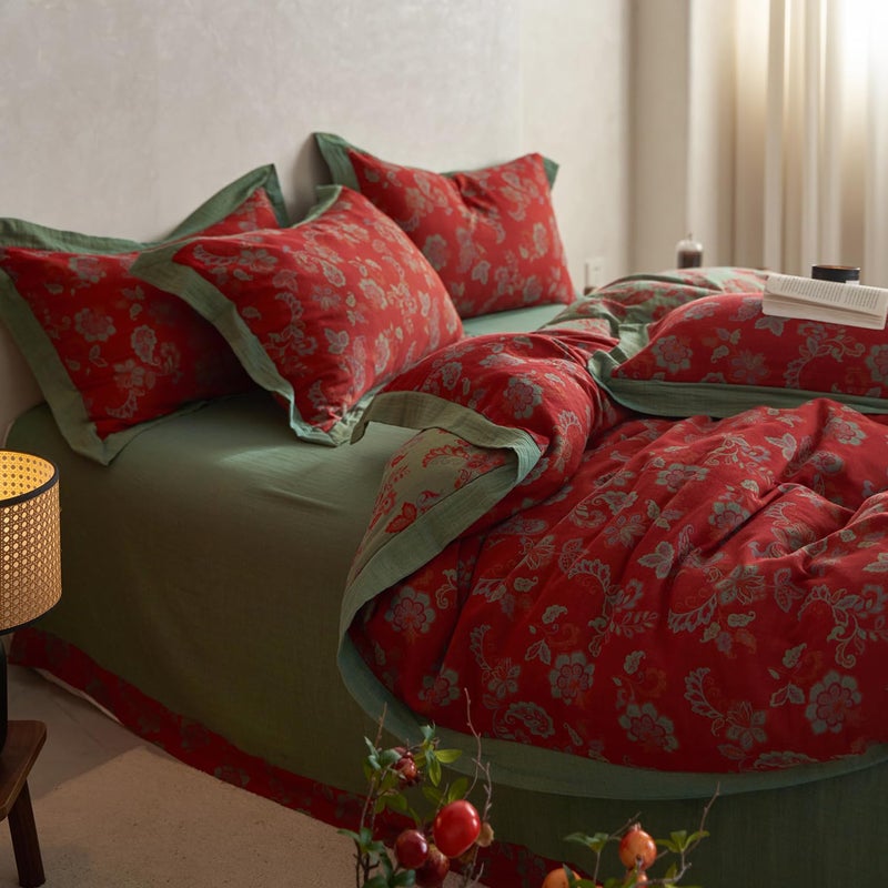 Mixinni Exquisite Vintage Red Floral Duvet Cover King Size Yarn-Dyed Jacquard Textured Design Duvet Cover Set With Green Edge Design Premium Muslin Cotton-Linen Bedding Set For All Season-King Size - Image 2