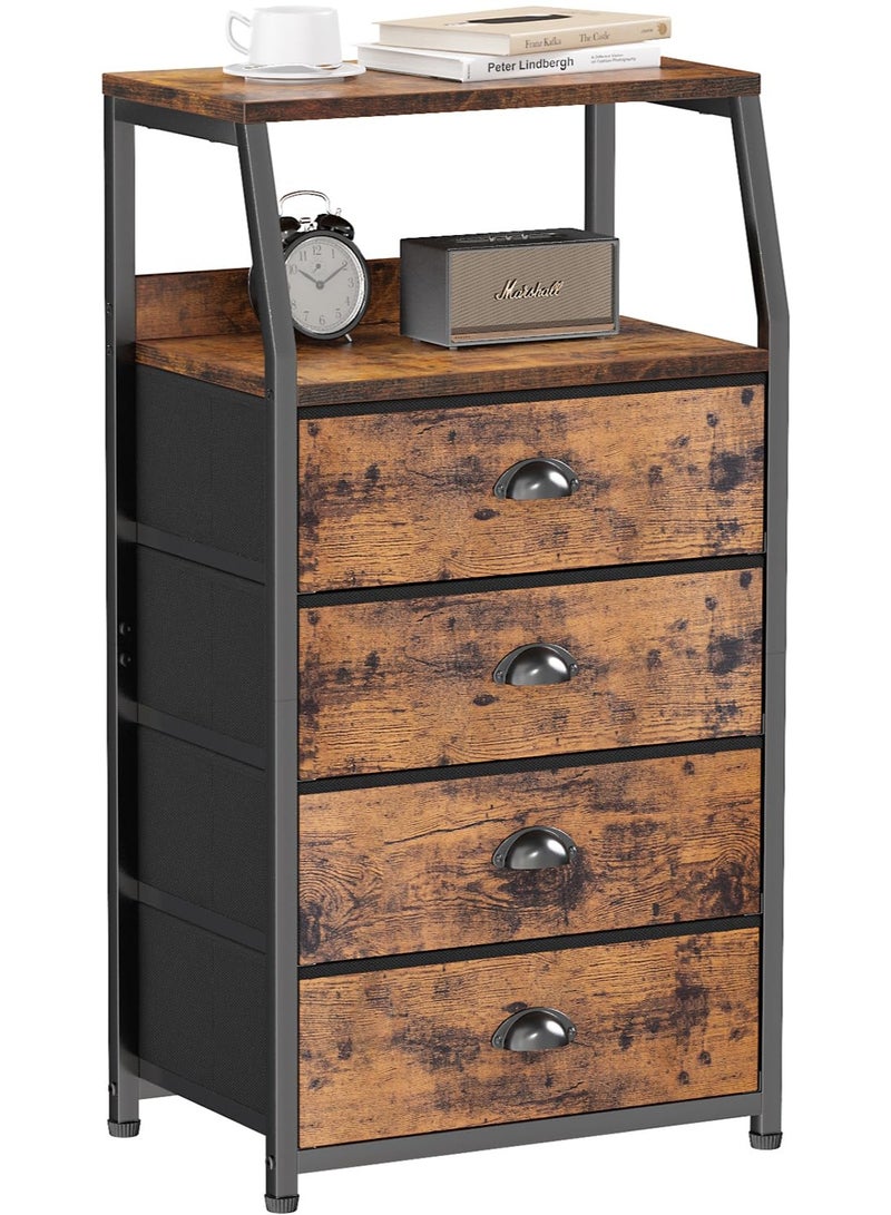 ACPLAY Tall Bedside Storage Cabinet with 4 Fabric Drawers & Double-Layer Wooden Top – Narrow Nightstand with Metal Frame for Bedroom, Nursery, Entryway & Closet - Image 1