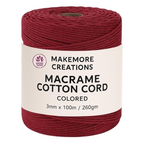 Makemore Creations Macrame Cotton Cord - Colored 3mm Dori,100m Length Soft Cotton Rope for Wall Hanging, Plant Hanger, Macrame Coasters, Weaving, Dream Catchers & DIY Craft Projects (Red) - Image 1