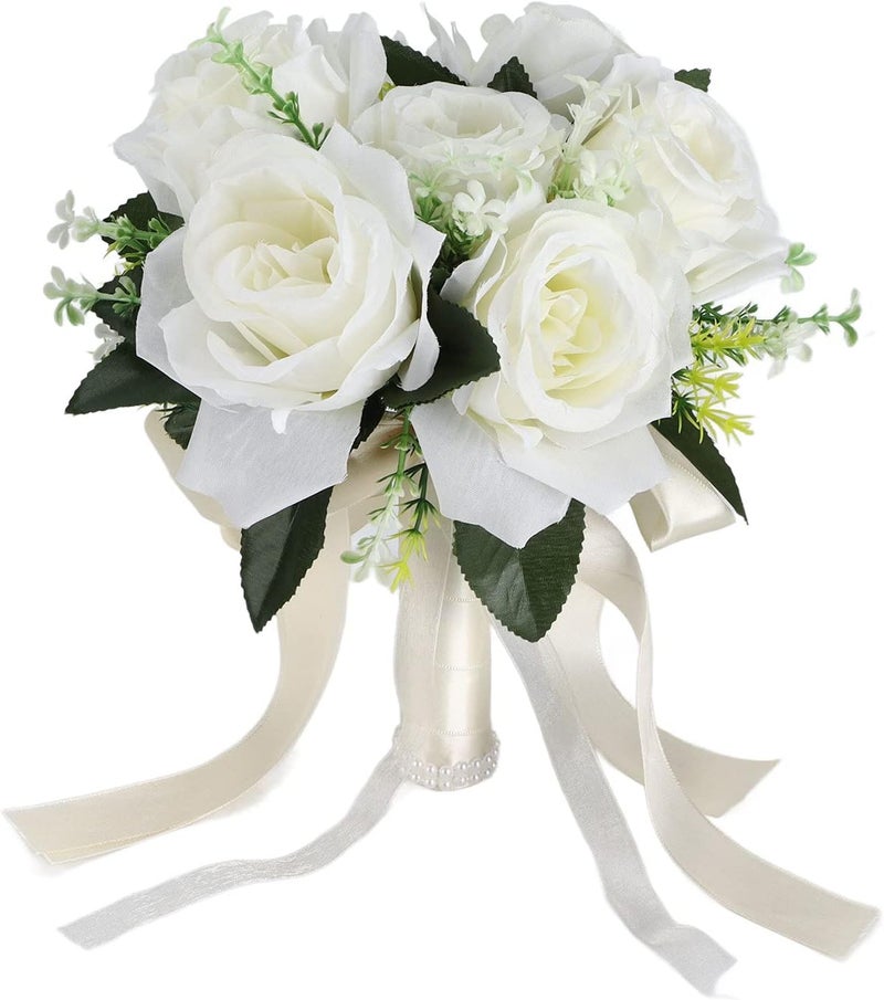 Horoper Artificial Bridal Bouquet  Silk Flower Simulation Rose Bouquet for Bride Holding Flowers for Wedding Milky White - Image 1