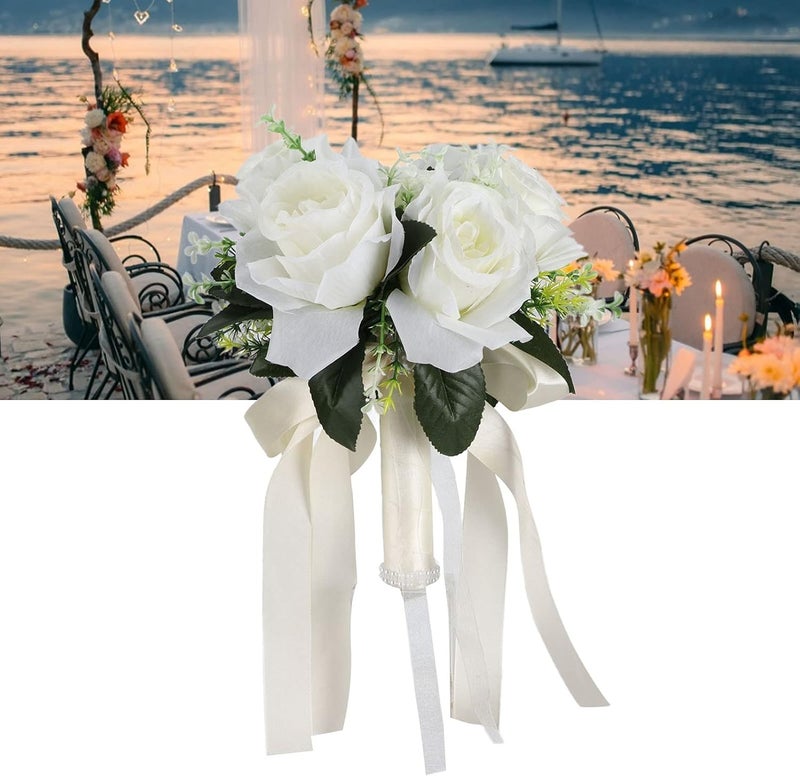 Horoper Artificial Bridal Bouquet  Silk Flower Simulation Rose Bouquet for Bride Holding Flowers for Wedding Milky White - Image 4