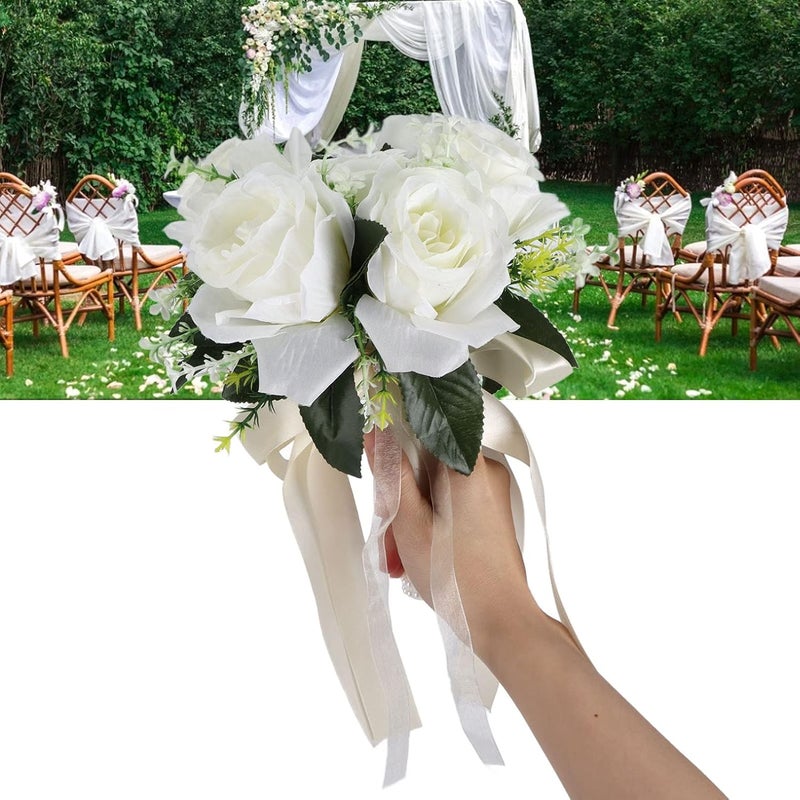 Horoper Artificial Bridal Bouquet  Silk Flower Simulation Rose Bouquet for Bride Holding Flowers for Wedding Milky White - Image 3