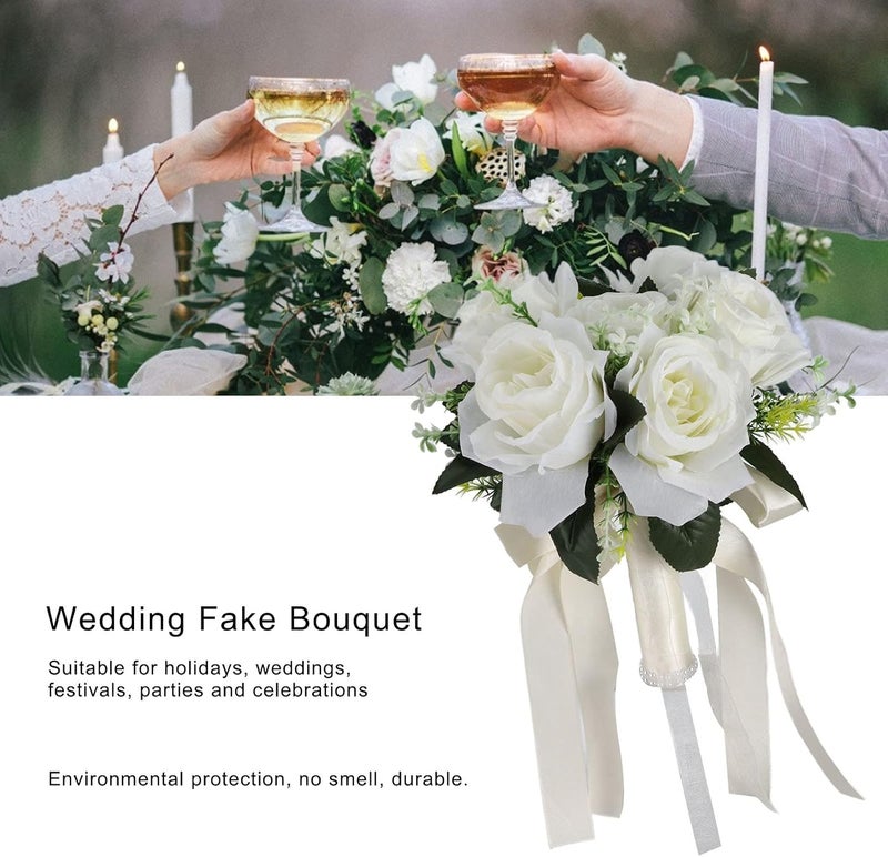 Horoper Artificial Bridal Bouquet  Silk Flower Simulation Rose Bouquet for Bride Holding Flowers for Wedding Milky White - Image 5