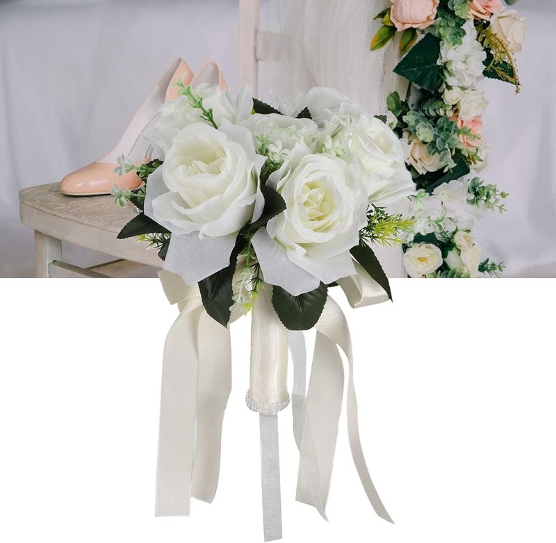 Horoper Artificial Bridal Bouquet  Silk Flower Simulation Rose Bouquet for Bride Holding Flowers for Wedding Milky White - Image 2