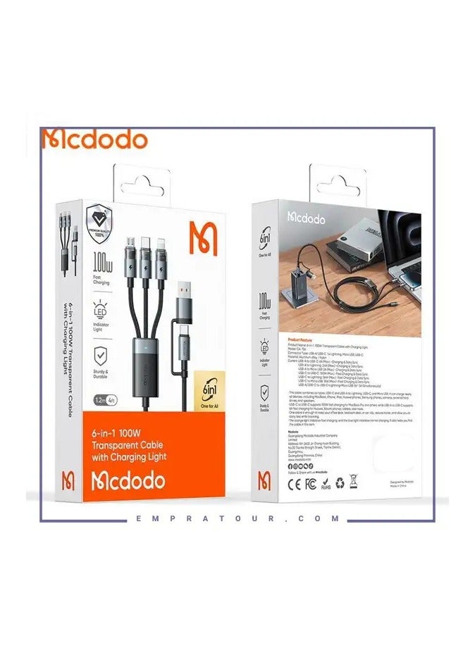 Mcdodo CA 7260 6 in 1 Charging Cable 100W Lightning Type C Micro USB 1.2 m with LED - Image 1