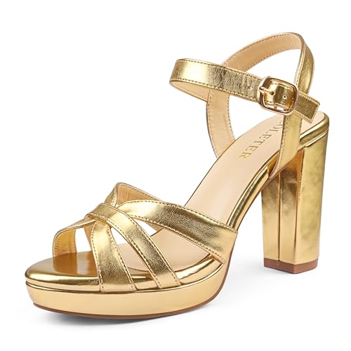 COLETER Women's Platform Chunky Heels Ankle Strap Block Heeled Sandals Party Wedding Shoes Matte Gold 8US - Image 1