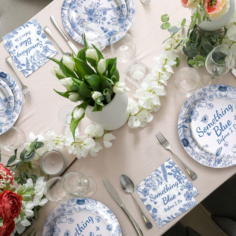 Zhehao مجموعة زفاف زهاو 250 قطعة أطباق من شيء أزرق ومناشف 50 قطعة أطباق عشاء 9 بوصة وطبق حلوى 7 بوصة وأكواب 9 أونصات 100 مناديل تخدم 50 لوازم الحفلات زفاف حفل خطوبة زينة - Image 5