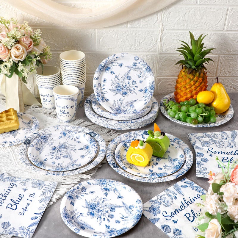 Zhehao مجموعة زفاف زهاو 250 قطعة أطباق من شيء أزرق ومناشف 50 قطعة أطباق عشاء 9 بوصة وطبق حلوى 7 بوصة وأكواب 9 أونصات 100 مناديل تخدم 50 لوازم الحفلات زفاف حفل خطوبة زينة - Image 4