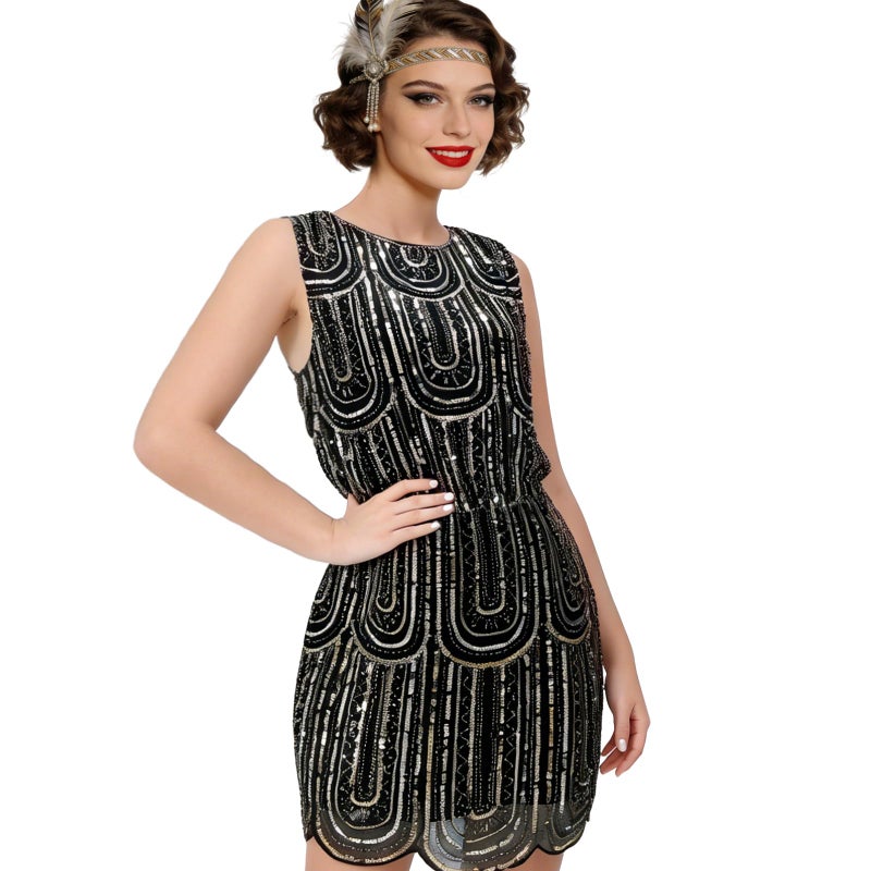 ELECLAND Women's 1920s Vintage Sequin Dress Sleeveless Round Neck Elastic Waist Flapper Dress for Gatsby Party, Evening, Prom (Black Gold, S/M) - Image 1