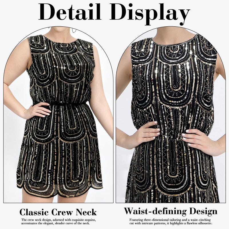 ELECLAND Women's 1920s Vintage Sequin Dress Sleeveless Round Neck Elastic Waist Flapper Dress for Gatsby Party, Evening, Prom (Black Gold, S/M) - Image 4