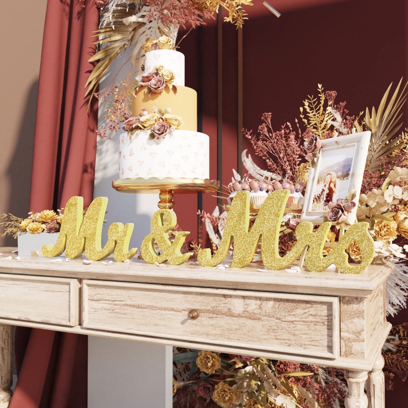 VIOPVERY Mr and Mrs Sign for Wedding Table Large Wooden Letters Mr & Miss Signs for Sweetheart Table Photo Props Wedding Decorations for Anniversary (Gold) - Image 3