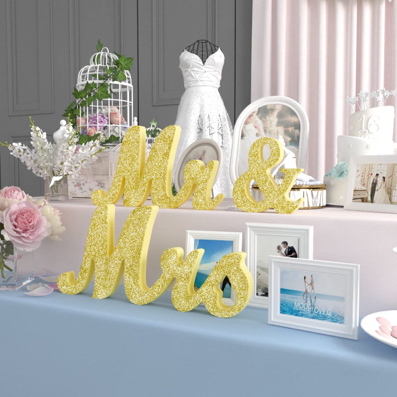 VIOPVERY Mr and Mrs Sign for Wedding Table Large Wooden Letters Mr & Miss Signs for Sweetheart Table Photo Props Wedding Decorations for Anniversary (Gold) - Image 1