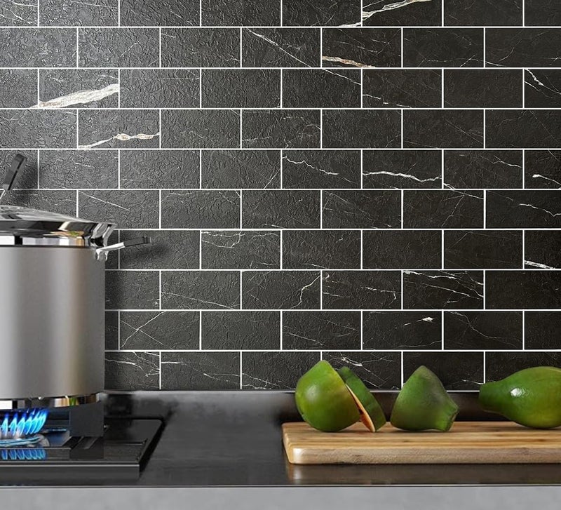 AULIGET 100 Piece Faux Stone Backsplash Peel and Stick PVC Tile, 3 Inch x 6 Inch Black Marble with White Grout Stick on Tiles for Backsplash Kitchen, Bathroom, Laundry Room, Camper, Fireplace - Image 2