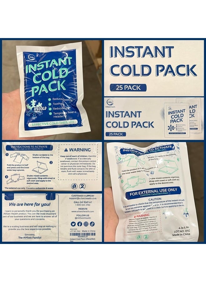 AllSett Health - 25 Packs Instant Ice Cold Pack (6” x 4.5”) - Disposable Instant Ice Packs for Injuries | Cold Compress Ice Pack for Pain Relief, Swelling, First Aid, Toothache, Athletes & Outdoor Activities - Image 1