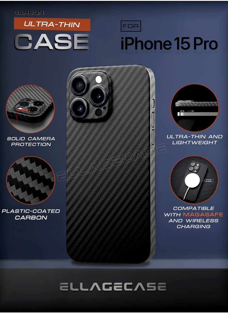 ELLAGECASE - Case for iPhone 15 Pro, Black Carbon, Solid Camera Protection, Ultra-thin and Lightweight, Plastic-coated Carbon, Compatible with Magsafe and Wireless Charging - Image 1