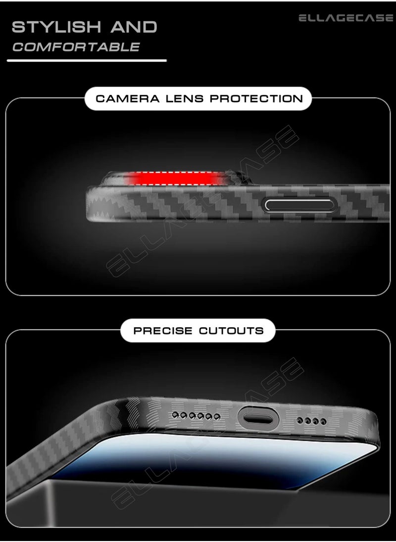 ELLAGECASE - Case for iPhone 15 Pro, Black Carbon, Solid Camera Protection, Ultra-thin and Lightweight, Plastic-coated Carbon, Compatible with Magsafe and Wireless Charging - Image 1