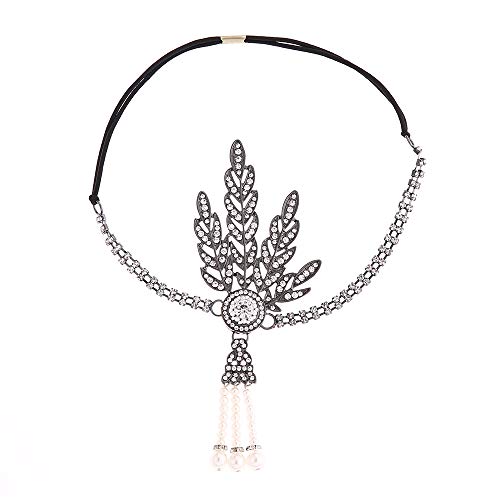 CBLUO 1920s Headband Leaf Rhinestone Hair Hoops Bands 20s Pearl Crystal Tassel Headpiece Hairband Head Chain Women Wedding Festival Halloween Parade Cosplay Dress Up Birthday Party Accessories Black - Image 1