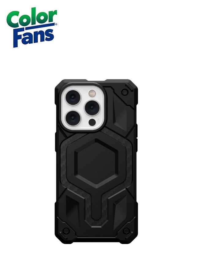 Color Fans Apple iPhone 13 Pro Case Carbon Fiber 6.1" Monarch Pro Build-in Magnet Compatible with Magnet Charging Rugged Shockproof Dropproof Premium Protective Cover - Black  - Image 2