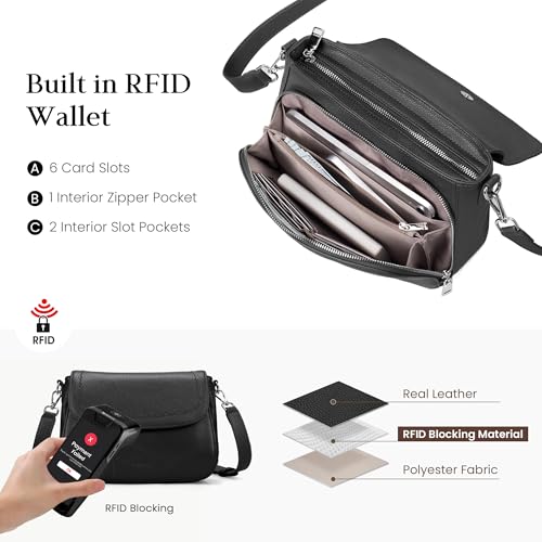 befen Black Genuine Leather Crossbody Bags for Women Medium Womens Saddle Bag Cross Body Purse with Built in RFID Blocking Wallet - Image 2