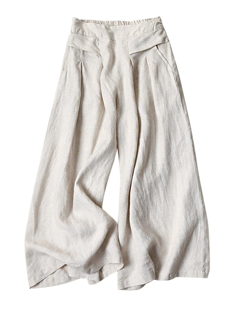 Gihuo Women' s Casual Cotton Linen Palazzo Pants Elastic Waist Wide Leg Culottes(Beige-L) - Image 1