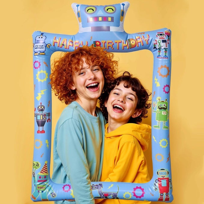 FUN ROBOT THEMED HAPPY BIRTHDAY INFLATABLE SELFIE PHOTO FRAME PROPS FOR PICTURES DECORS ROBOT BIRTHDAY BLOW UP PICTURE FRAME DECORS FOR TECHLOVING CHILD BIRTHDAY BABY SHOWER PARTY SUPPLIES
