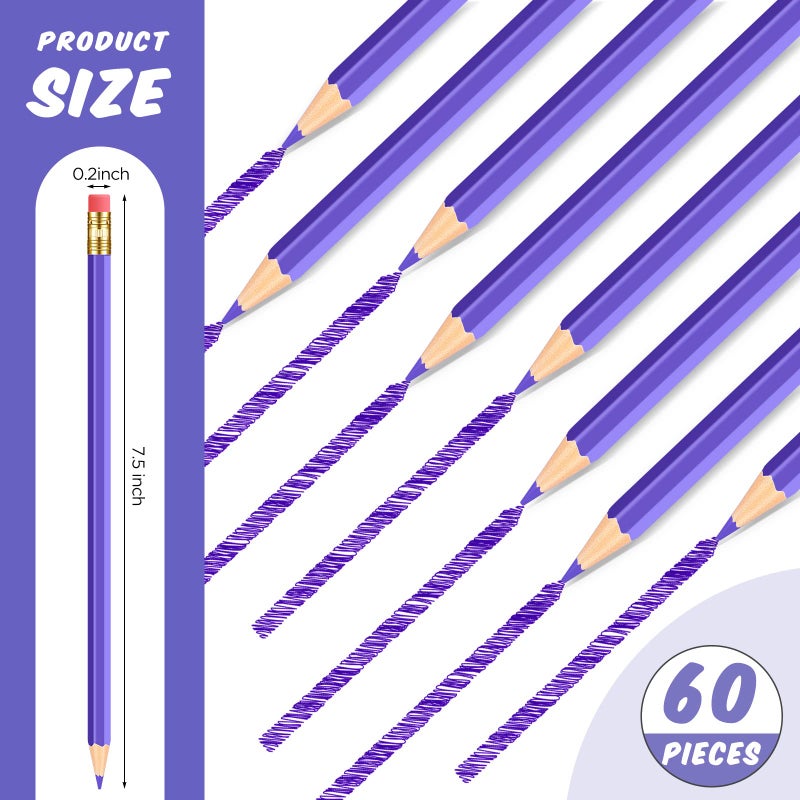 Tatuo 60 Pcs Pencils Pre Sharpened Checking Pencils with Eraser Erasable Colored Pen for Map Coloring Tests Sketch School Office Editing Kids Adults Favors Grading(Purple) - Image 4
