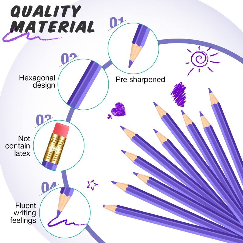 Tatuo 60 Pcs Pencils Pre Sharpened Checking Pencils with Eraser Erasable Colored Pen for Map Coloring Tests Sketch School Office Editing Kids Adults Favors Grading(Purple) - Image 3