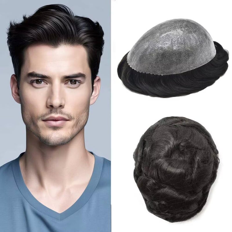 Hair System for Man Full Poly Skin PU Toupee for Men Human Hair Replacement Systems Scallop PU Front Male Hairpieces 8X10 1B OFF BLACK