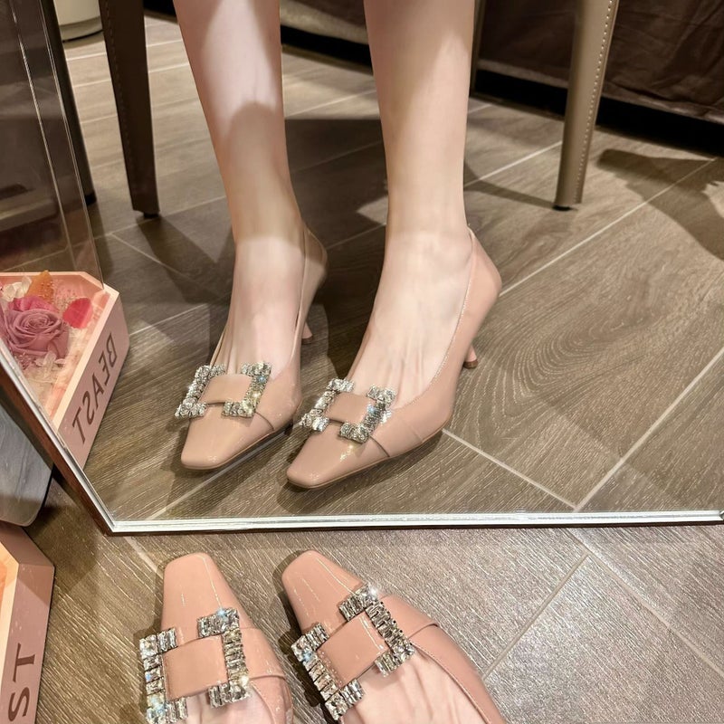Sheepskin Version Grape Mom Same Style Square Toe Single-Layer Shoes Women'S Rhinestone Square Buckle Shallow Mouth Genuine Leather Stiletto Heel All-Match High-Heeled Shoes - Image 1
