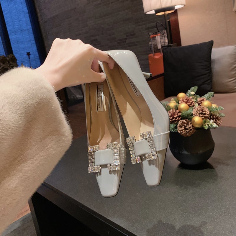 Sheepskin Version Grape Mom Same Style Square Toe Single-Layer Shoes Women'S Rhinestone Square Buckle Shallow Mouth Genuine Leather Stiletto Heel All-Match High-Heeled Shoes - Image 4