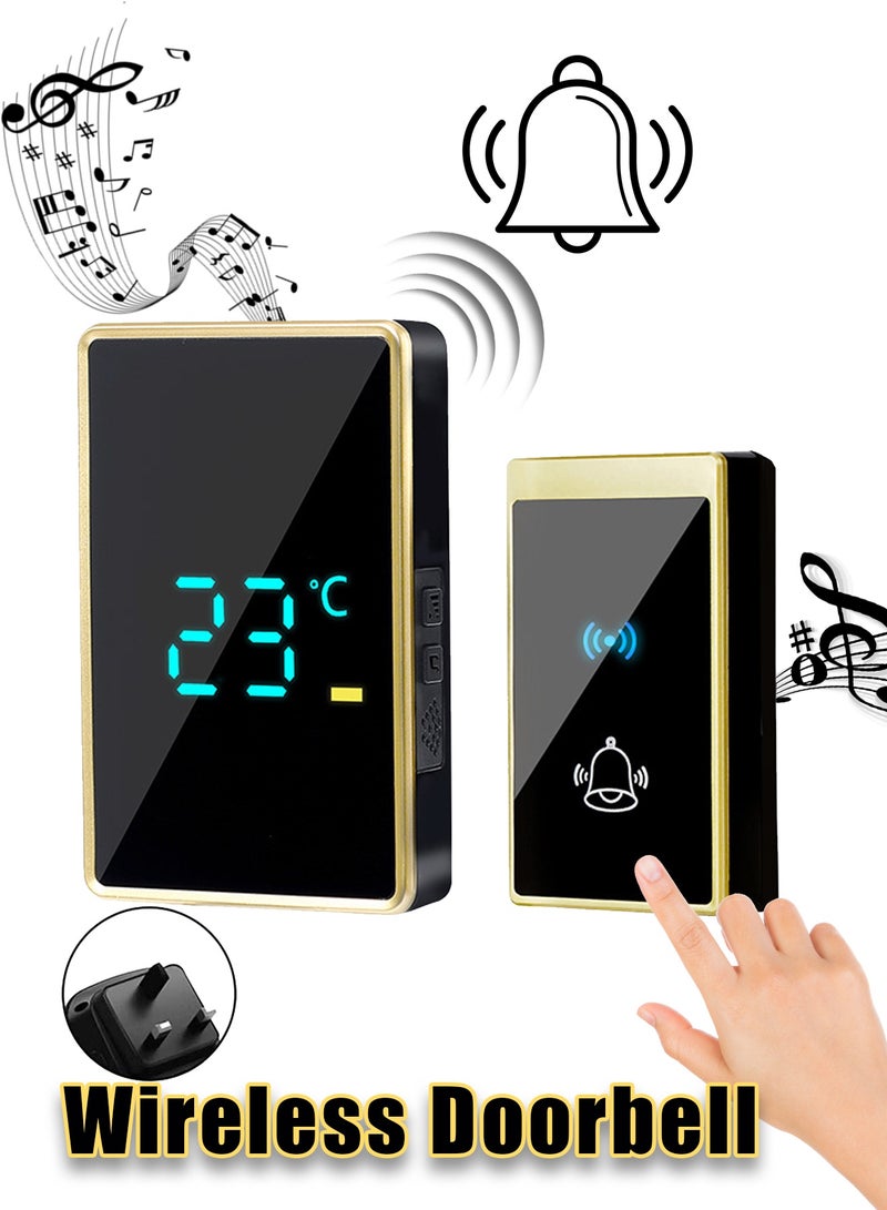 Wireless Doorbell, Wireless Doorbell with LED Weather Display, Adjustable Volume Wireless Chime, IP44 Waterproof Door Bell, Long Range Strong Wall Penetration, Easy Pairing Wireless Door Chime Kit, Battery Operated Wireless Doorbell for Home, Apartment, Office, Warehouse, Elderly, Hearing Impaired(Black & Gold) - Image 1