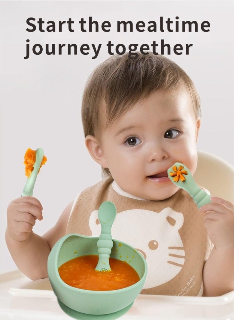 مجموعة ملاعق للأطفال، ملعقة ما قبل الفطام للأطفال بعمر 6 أشهر فأكثر - المرحلة الأولى، ملعقة تسنين ذاتية التغذية للأطفال الصغار من السيليكون - 3 ملاعق، لون أخضر - Image 2