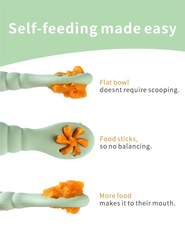 مجموعة ملاعق للأطفال، ملعقة ما قبل الفطام للأطفال بعمر 6 أشهر فأكثر - المرحلة الأولى، ملعقة تسنين ذاتية التغذية للأطفال الصغار من السيليكون - 3 ملاعق، لون أخضر - Image 3