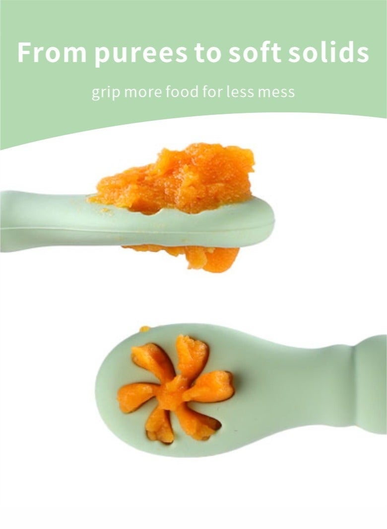 مجموعة ملاعق للأطفال، ملعقة ما قبل الفطام للأطفال بعمر 6 أشهر فأكثر - المرحلة الأولى، ملعقة تسنين ذاتية التغذية للأطفال الصغار من السيليكون - 3 ملاعق، لون أخضر - Image 5
