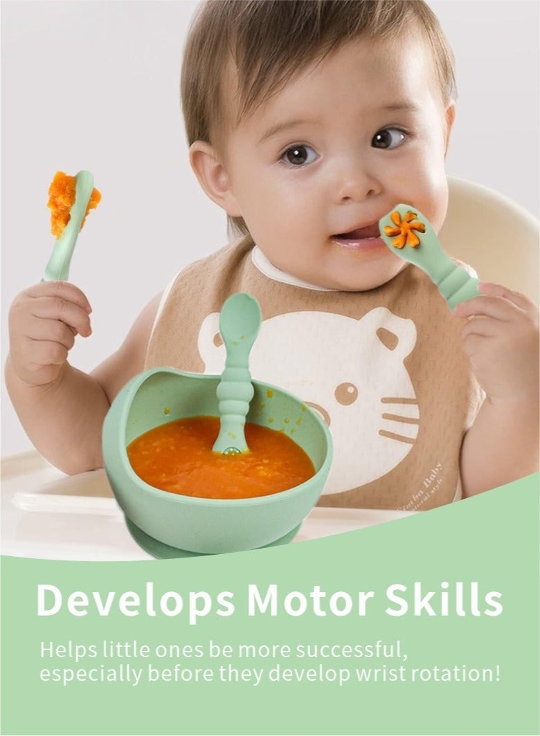 مجموعة ملاعق للأطفال، ملعقة ما قبل الفطام للأطفال بعمر 6 أشهر فأكثر - المرحلة الأولى، ملعقة تسنين ذاتية التغذية للأطفال الصغار من السيليكون - 3 ملاعق، لون أخضر - Image 4