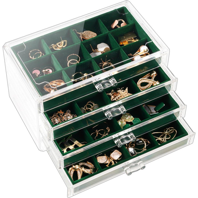 Lolalet Lolalet Earring Holder Organiser Box Jewelry Storage with 4 Drawers, Clear Acrylic Stackable Earring Case with Adjustable Velvet Trays for Women on Dresser Vanity -Emerald, 4 Layers  - Image 1