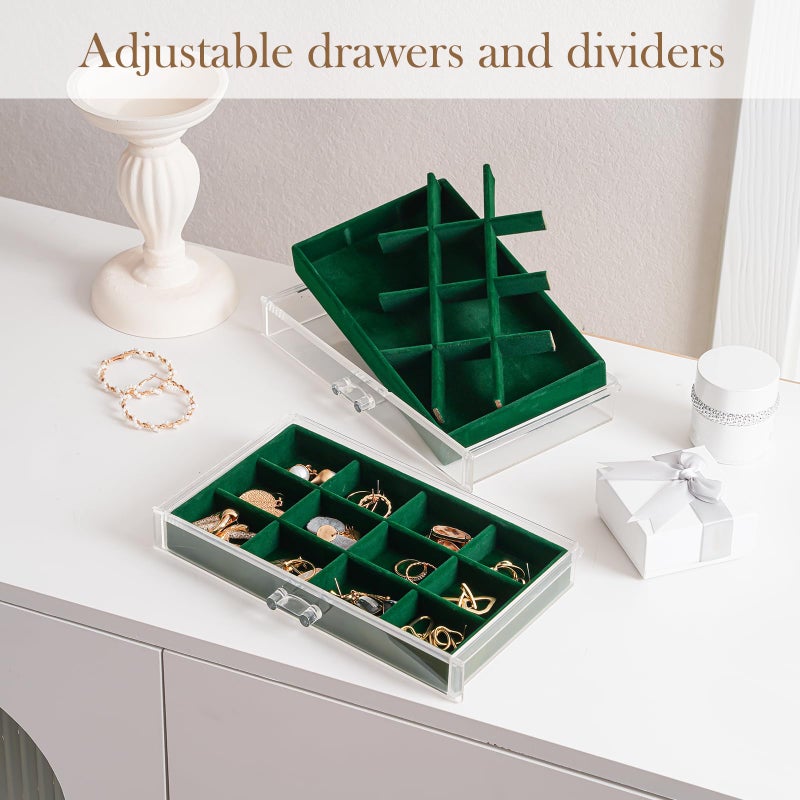 Lolalet Lolalet Earring Holder Organiser Box Jewelry Storage with 4 Drawers, Clear Acrylic Stackable Earring Case with Adjustable Velvet Trays for Women on Dresser Vanity -Emerald, 4 Layers  - Image 2