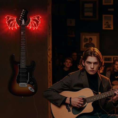 CoolGift Mart Guitar Stand Wall Mount with Luminous Devil Wings, Acrylic Wooden Guitar Hanger Shelf with USB Powered, for Acoustic Electric Bass Ukulele, Gift for Music Lovers Guitar Players - Image 2