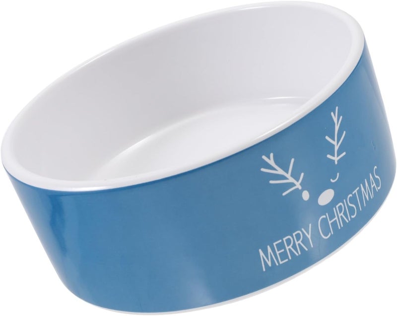 Christmas Ceramic Cat Bowl with Blue Elk Pattern, Creative Pet Food and Water Dish, Floor Feeding Ceramic Cat Feeder for Holiday Season - Image 1