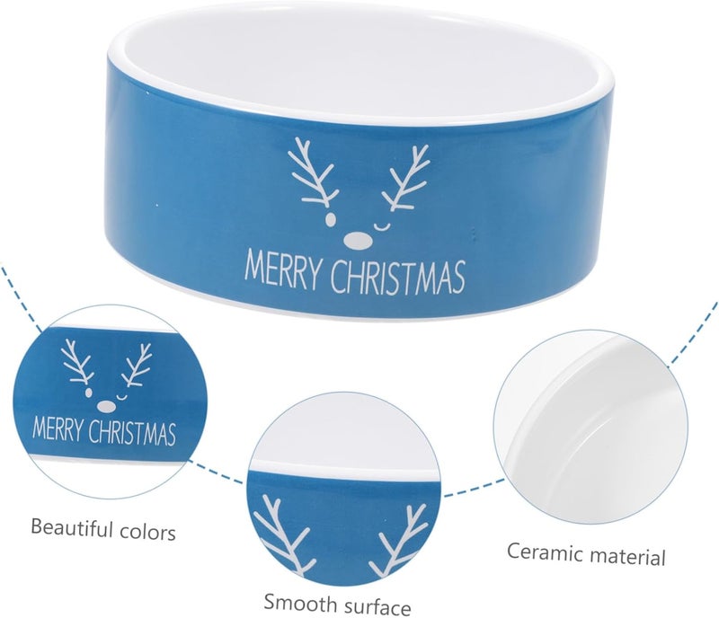 Christmas Ceramic Cat Bowl with Blue Elk Pattern, Creative Pet Food and Water Dish, Floor Feeding Ceramic Cat Feeder for Holiday Season - Image 3