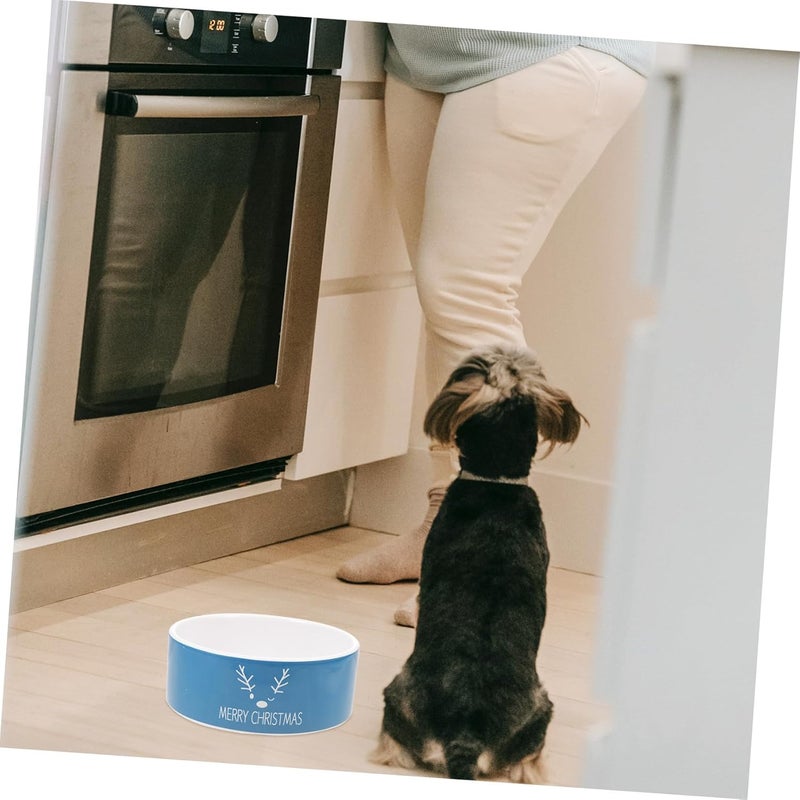 Christmas Ceramic Cat Bowl with Blue Elk Pattern, Creative Pet Food and Water Dish, Floor Feeding Ceramic Cat Feeder for Holiday Season - Image 5
