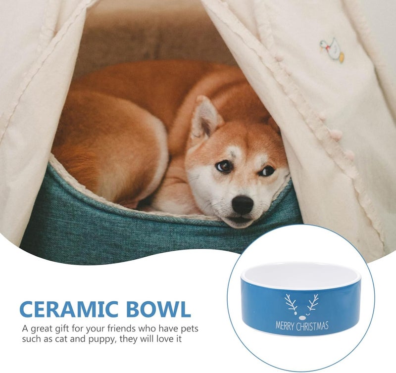 Christmas Ceramic Cat Bowl with Blue Elk Pattern, Creative Pet Food and Water Dish, Floor Feeding Ceramic Cat Feeder for Holiday Season - Image 4